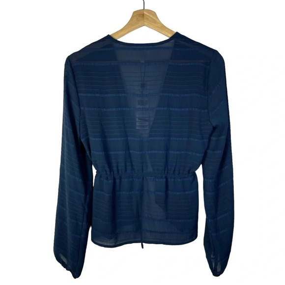 BCBGeneration Dark Navy Blue Textured Stripe Tie Front Long Sleeve XXS - Picture 2 of 4